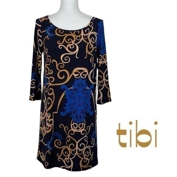Tibi Black Gold Blue Bold Print Date Night Event Shift Dress NWOT Size S - Picture 2 of 12